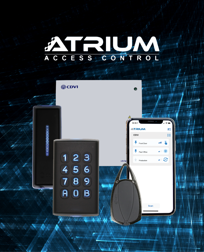 On a dark background with blue digital graphic, the ATRIUM access control logo and a range of products including A22K controller and K2 reader