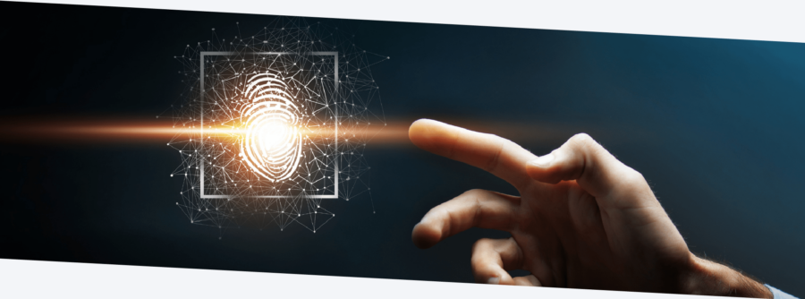 Types of biometric access control - fingerprint scan graphic with hand stretching out to touch it