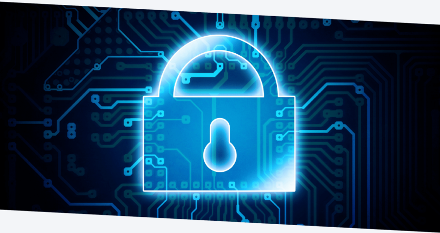 Types of biometric access control - high security blue padlock graphic on black background